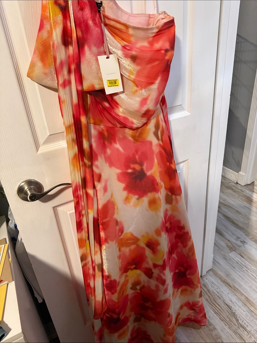 Alex Marie One-Shoulder Satin Dress in Pink, Orange & Yellow Floral